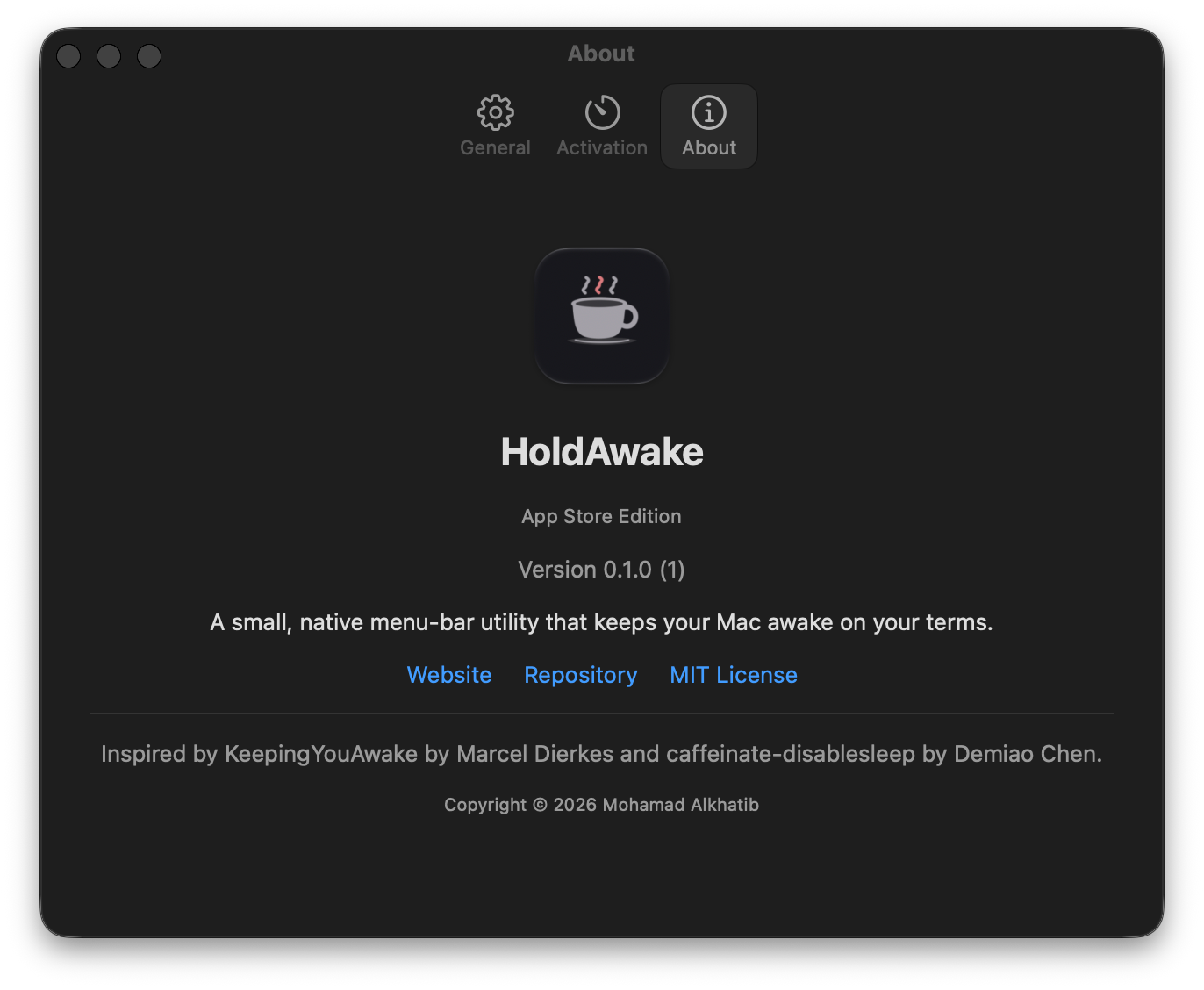 HoldAwake About window showing the app icon and App Store edition identity.