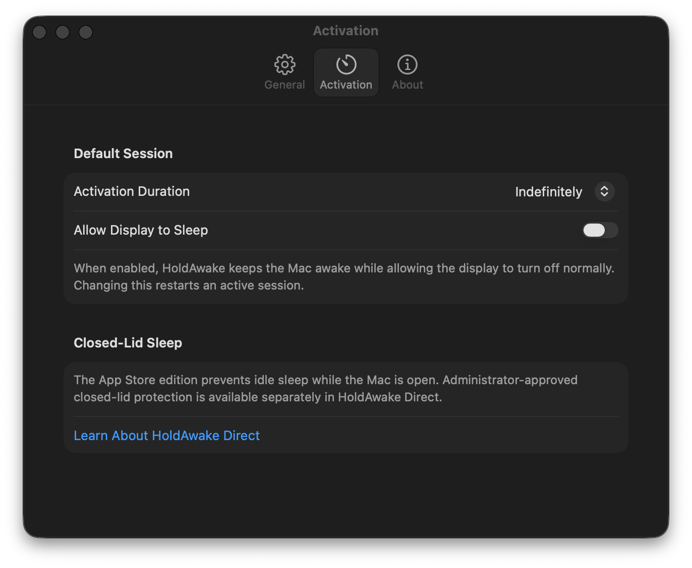 HoldAwake App Store edition Activation settings showing duration, display sleep, and closed-lid information.