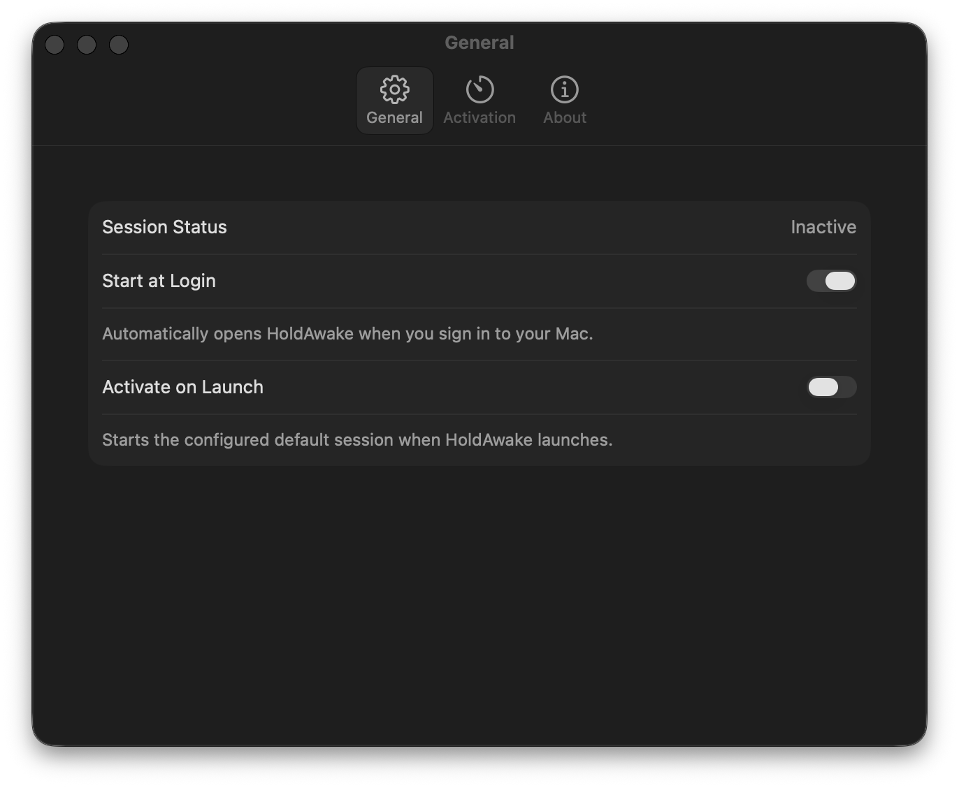 HoldAwake General settings showing an inactive session and the two launch toggles.