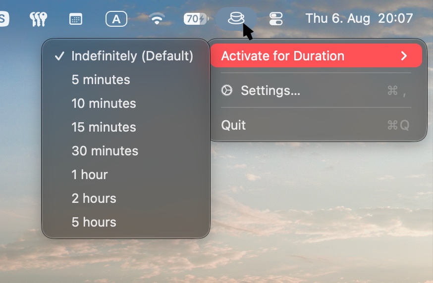 HoldAwake duration menu expanded beneath the coffee-cup status item.